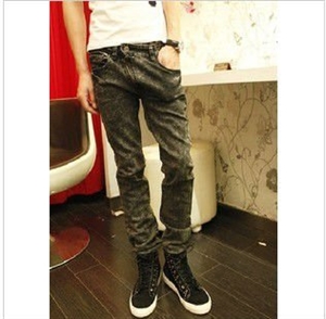 classic snowflake black gray washing slim jeans with high spandex MK006 の画像
